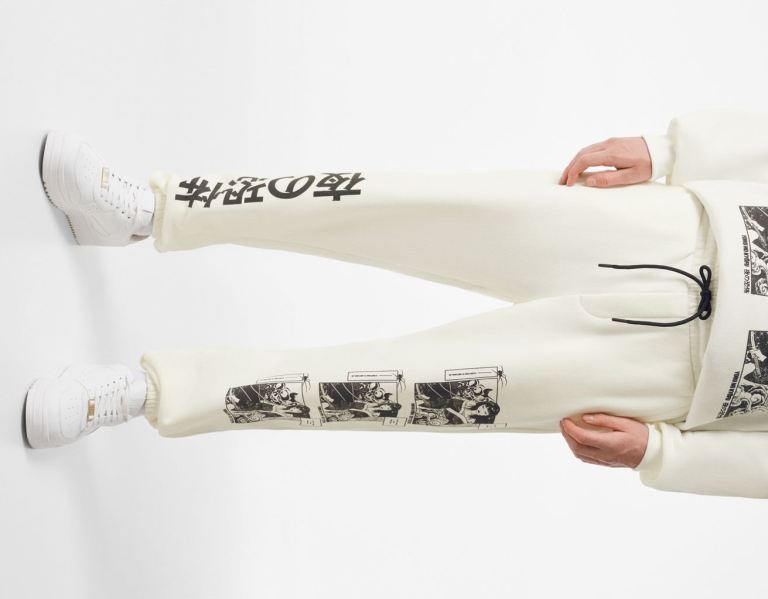 White Men's Bershka Plush Oversize Sweat With An Anime Print Pants | iBEvwFs7ylE