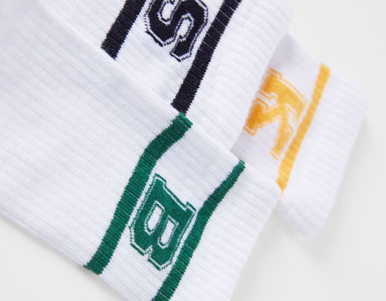 White Men's Bershka Set Of 3 Varsity Socks | frRNFN8smw7