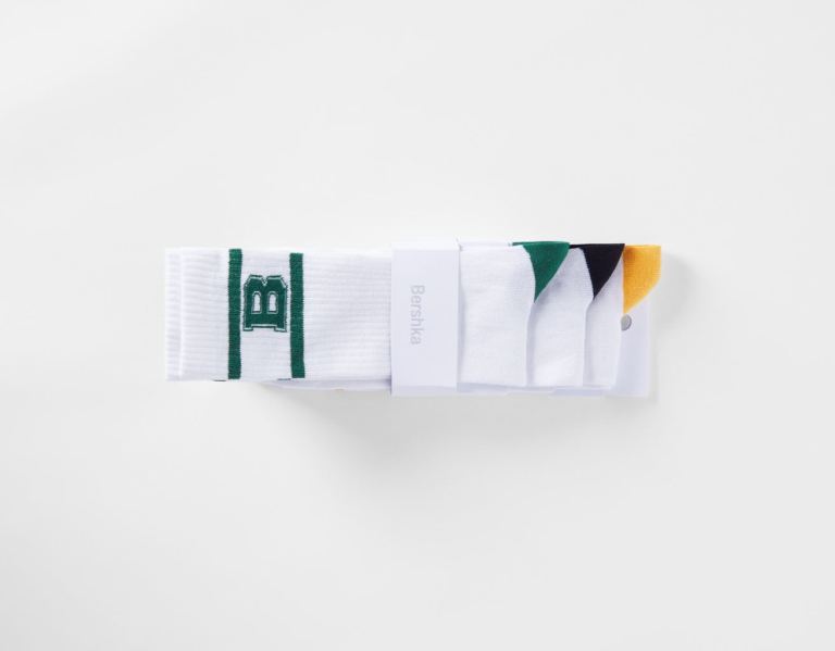 White Men's Bershka Set Of 3 Varsity Socks | frRNFN8smw7