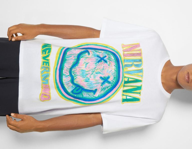 White Men's Bershka Short Sleeve With Nirvana Print T Shirts | eFXY6a8VxBQ