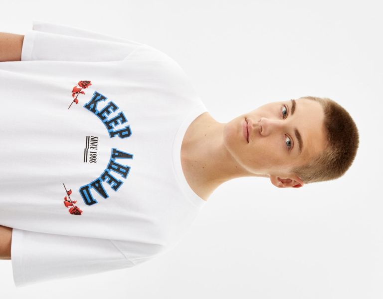 White Men's Bershka Short Sleeve With Print T Shirts | oSYUJzYhHit