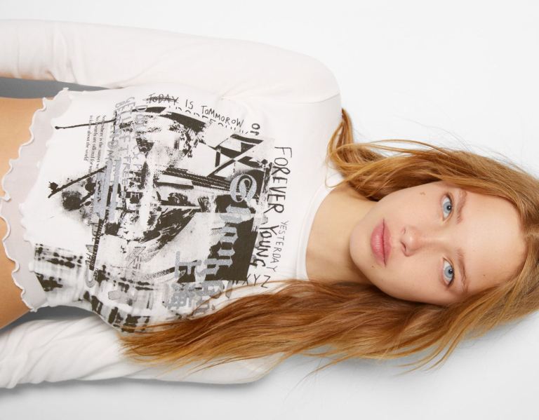 White Women's Bershka Long Sleeve Printed Tulle T Shirts | IwqT3Ey1t0J