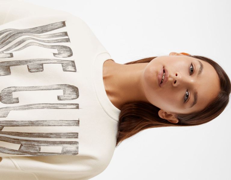 White Women's Bershka Printed Long Sleeve Sweatshirts | mvGOZW36E1t