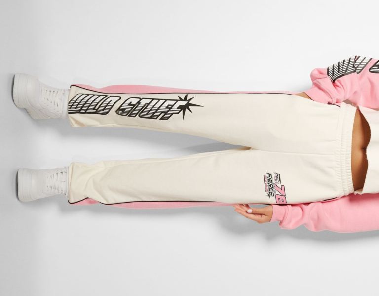 White Women's Bershka Racing Print Joggers Pants | Lx1Y7KNB5qY