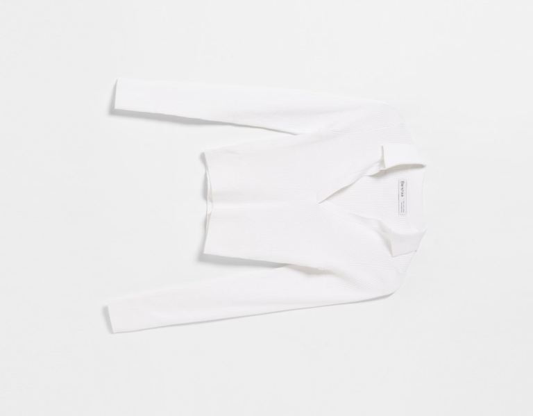 White Women's Bershka Ribbed Jersey Top With Polo Collar Cardigan | iQrUYwEAcrh