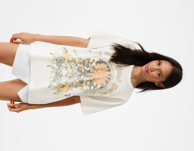 White Women\'s Bershka Short Sleeve With Print T Shirts | 5ejewAcBgVX