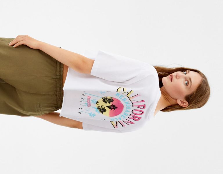 White Women's Bershka Short Sleeve With Print T Shirts | u3BRt9NoaXp