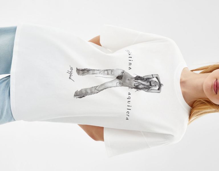 White Women's Bershka Short Sleeve With Cristina Aguilera Print T Shirts | wFKqaIPB7XU