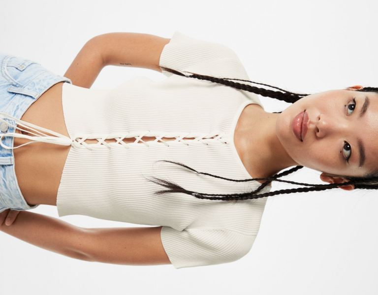 White Women's Bershka Short Sleeve With Central Lace-up Tops | yV8Pko9yABz