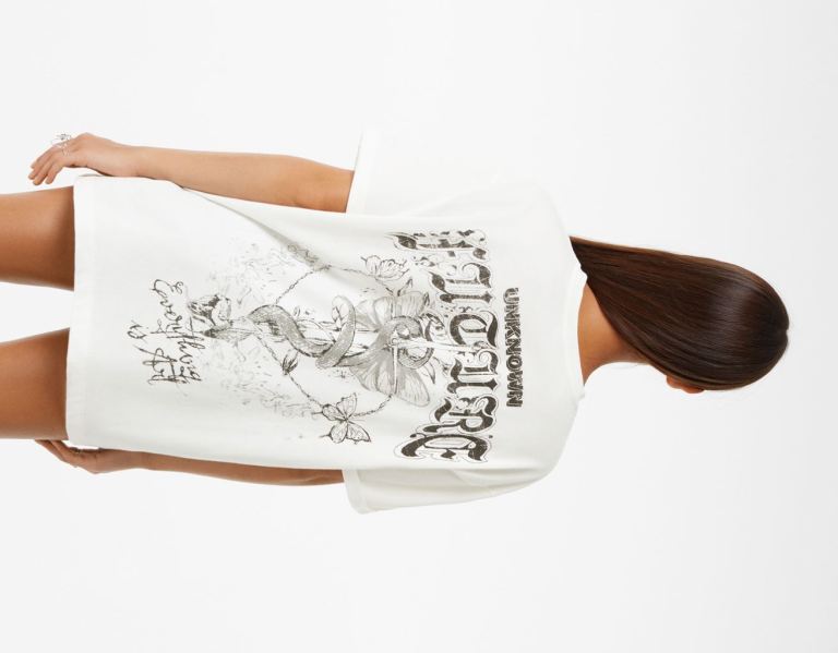 White Women's Bershka Short Sleeve With Print T Shirts | ydp0ccwSotH