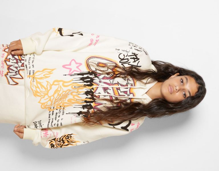 White Women\'s Bershka With Graffiti Print Hoodie | P7qVcLBvgCW