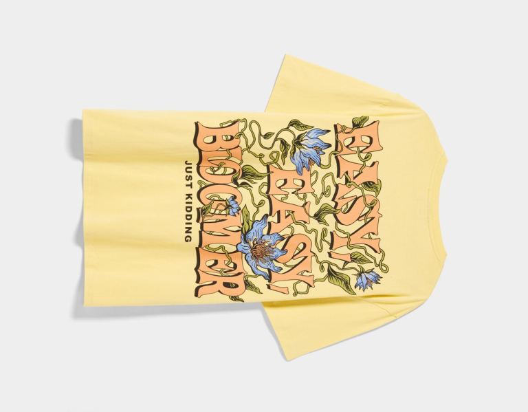 Yellow Men's Bershka Floral-print Easy-fit Short Sleeve T Shirts | aZEoCYo36Nw