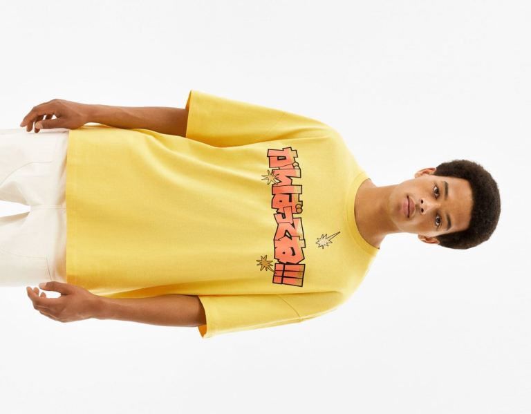 Yellow Men\'s Bershka Printed Short-sleeve Oversize T Shirts | 87UD86Xa1F9